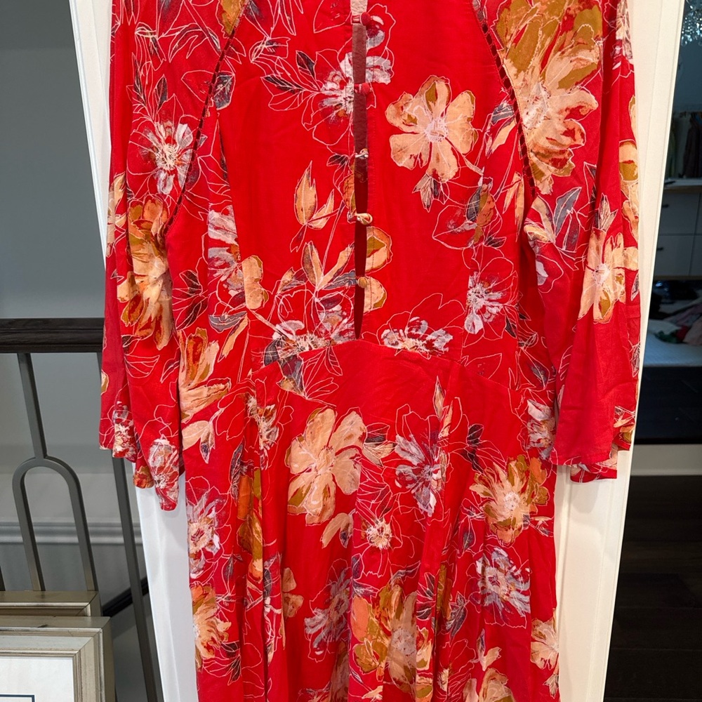 Free People Red Floral Boho Mini Dress Size 8 - Picture 5 of 5